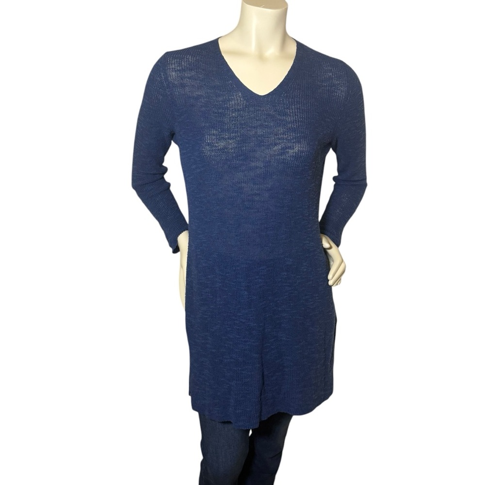 Eileen Fisher Linen Cotton Blue V-Neck Long Sleeve Tunic Dress Womens Size Small - Picture 3 of 10